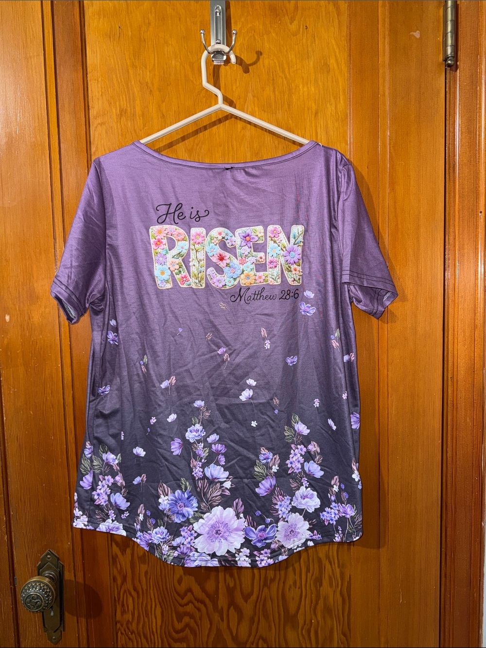 Purple Floral "He is Risen" Short-Sleeve Women's Tee